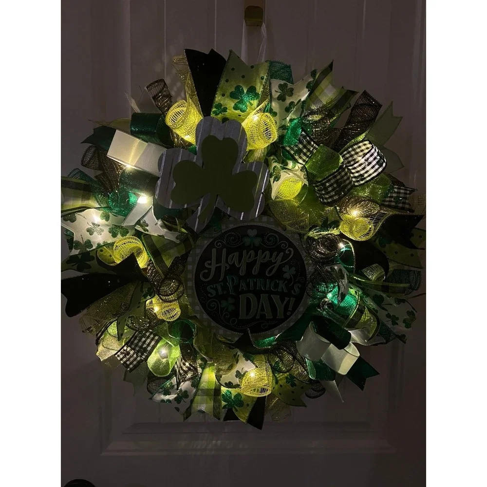Handmade Happy St. Patrick’s Day Ribbon Prelit Wreath 22 ins LED W8